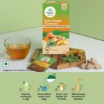 Organic India Tulsi Ginger Turmeric Tea Bags pack with brewed cup