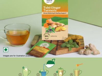 Organic India Tulsi Ginger Turmeric Tea Bags pack with brewed cup