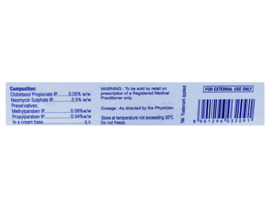 Exel GN Cream back panel showing composition: Clobetasol Propionate 0.05% and Neomycin Sulphate 0.5%