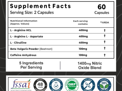 Carbamide Forte Nitric Oxide Supplement for Adults 1200mg with L-Arginine HCL, AAKG, L Citrulline Malate, Beet Root Extract & Caffeine, Veg Capsules 60 Count