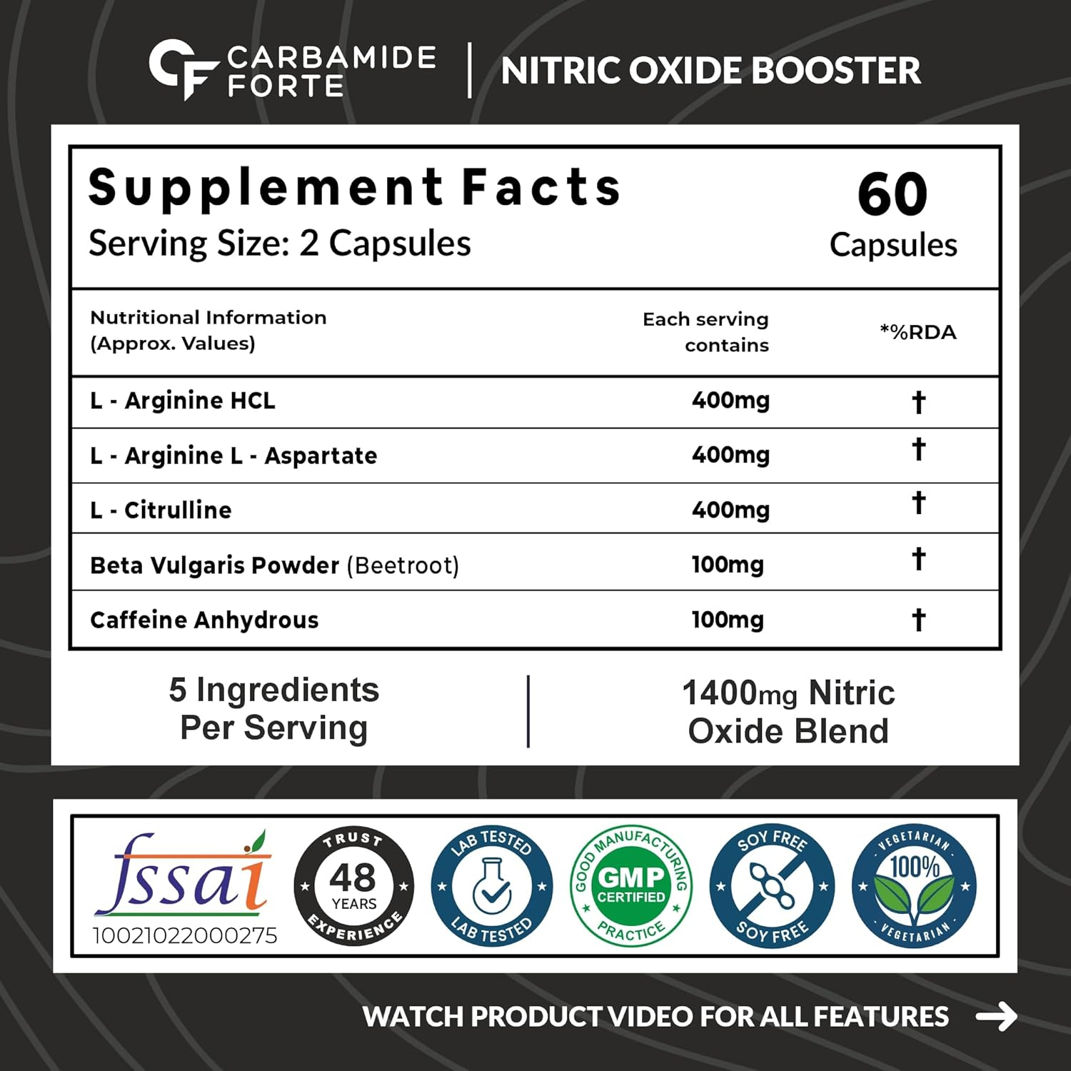 Carbamide Forte Nitric Oxide Supplement for Adults 1200mg with L-Arginine HCL, AAKG, L Citrulline Malate, Beet Root Extract & Caffeine, Veg Capsules 60 Count