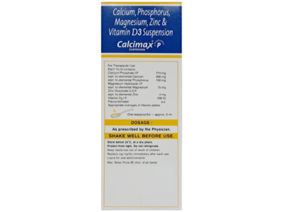 Calcimax P Suspension composition panel showing elemental calcium 300 mg and phosphorus 150 mg per 10 ml