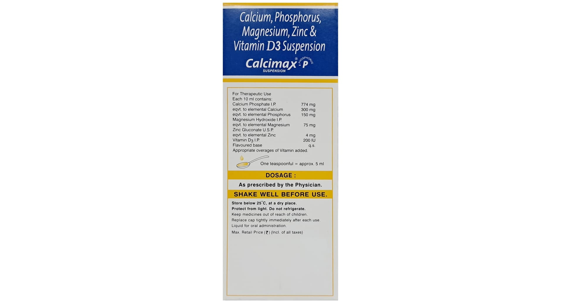 Calcimax P Suspension composition panel showing elemental calcium 300 mg and phosphorus 150 mg per 10 ml