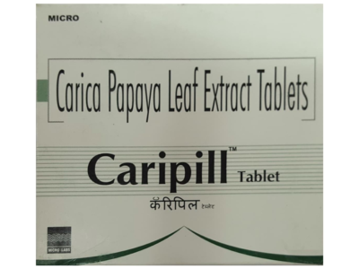 Caripill Tablet carton front - Carica Papaya Leaf Extract Tablets by Micro Labs