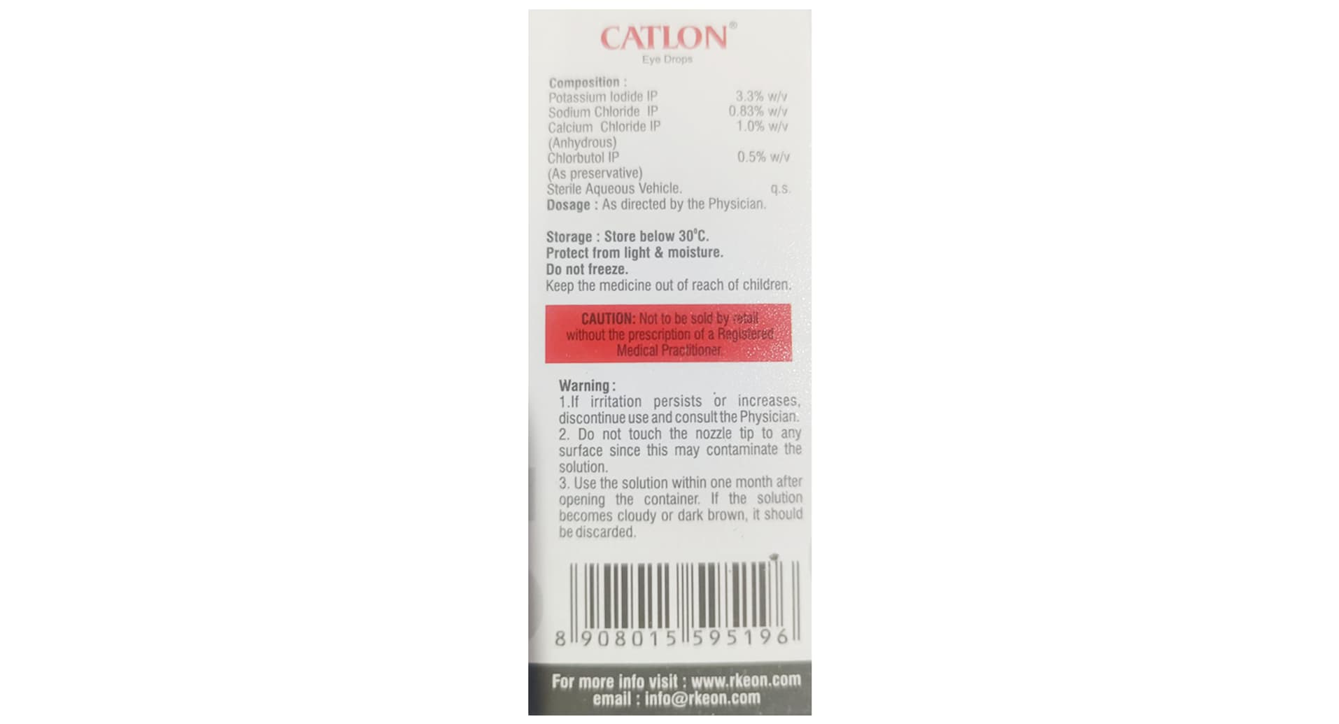 Catlon Eye Drop composition panel with Potassium Iodide, Sodium Chloride and Calcium Chloride