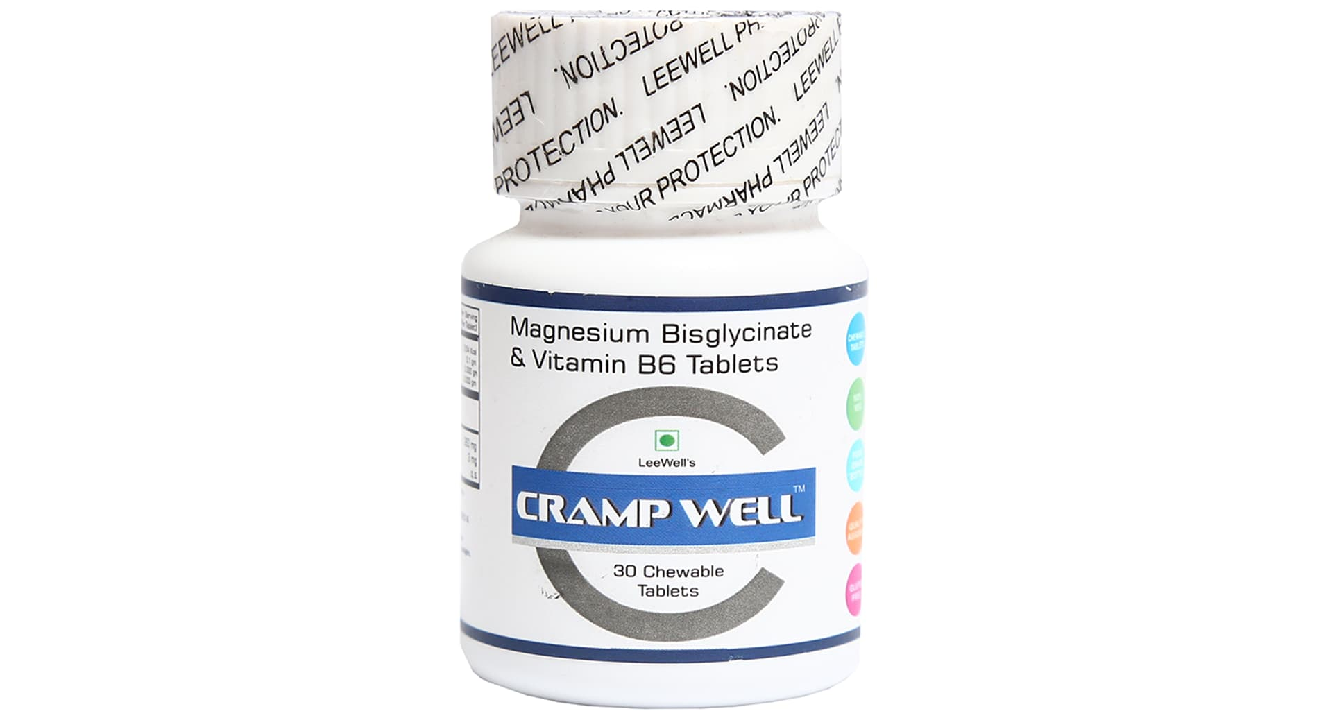 Cramp Well Magnesium Bisglycinate and Vitamin B6 bottle of 30 chewable tablets