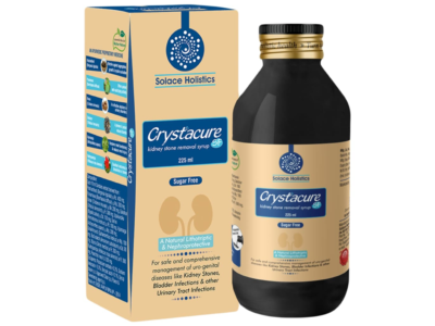 Solace Holistics Crystacure SF kidney stone removal syrup sugar free 225 ml carton and bottle