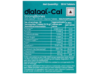 Diataal-Cal nutritional information showing elemental calcium 250 mg and vitamin D3 400 IU