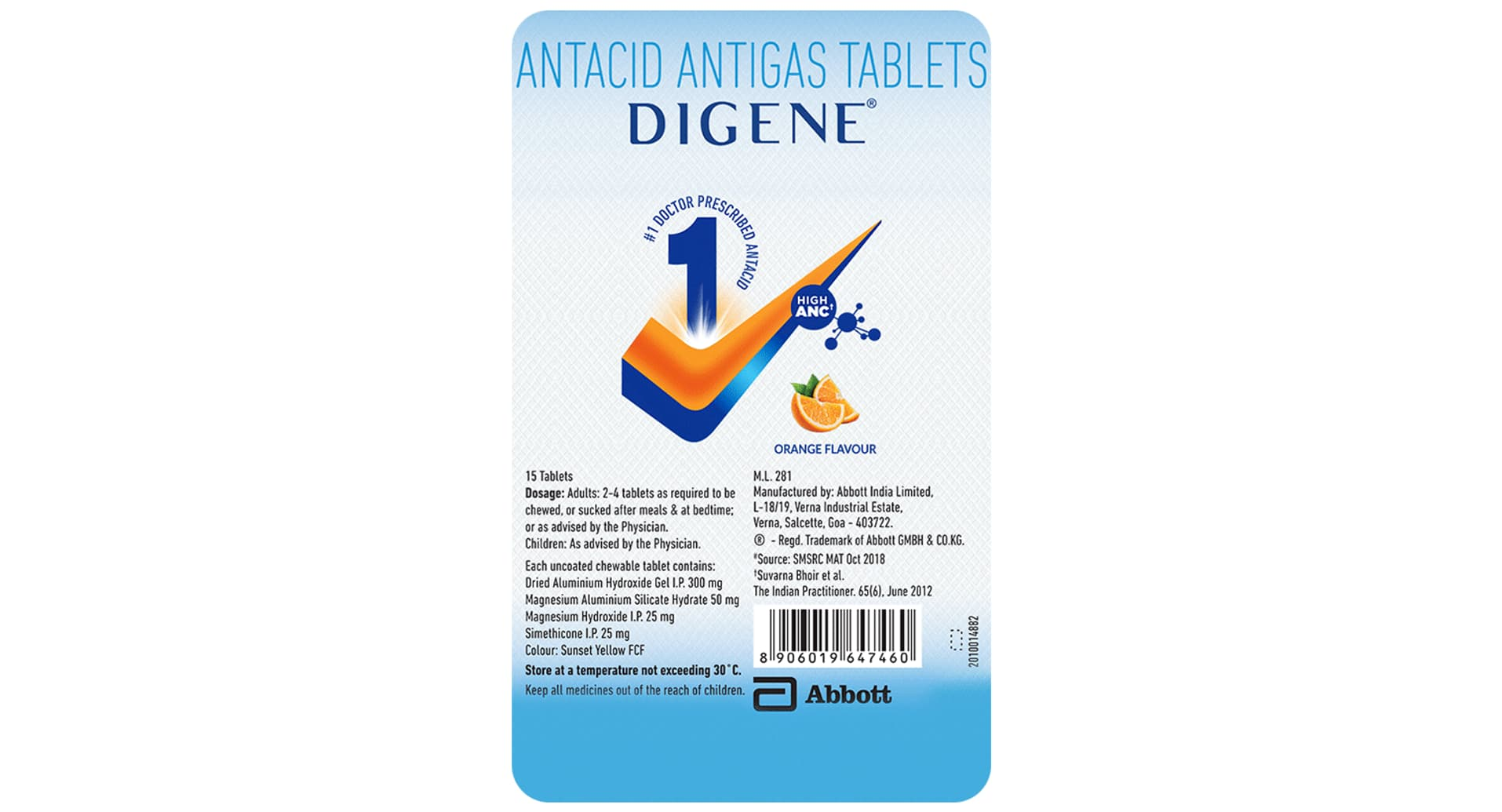 Digene Acidity & Gas Relief Tablet orange flavour pack of 15 by Abbott