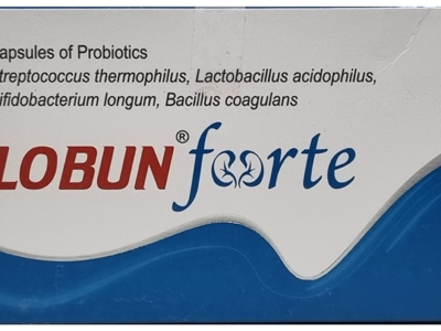 Lobun Forte probiotic capsule box front showing four probiotic strains