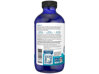 Nordic Naturals Omega-3 label showing suggested use, triglyceride form and refrigerate after opening