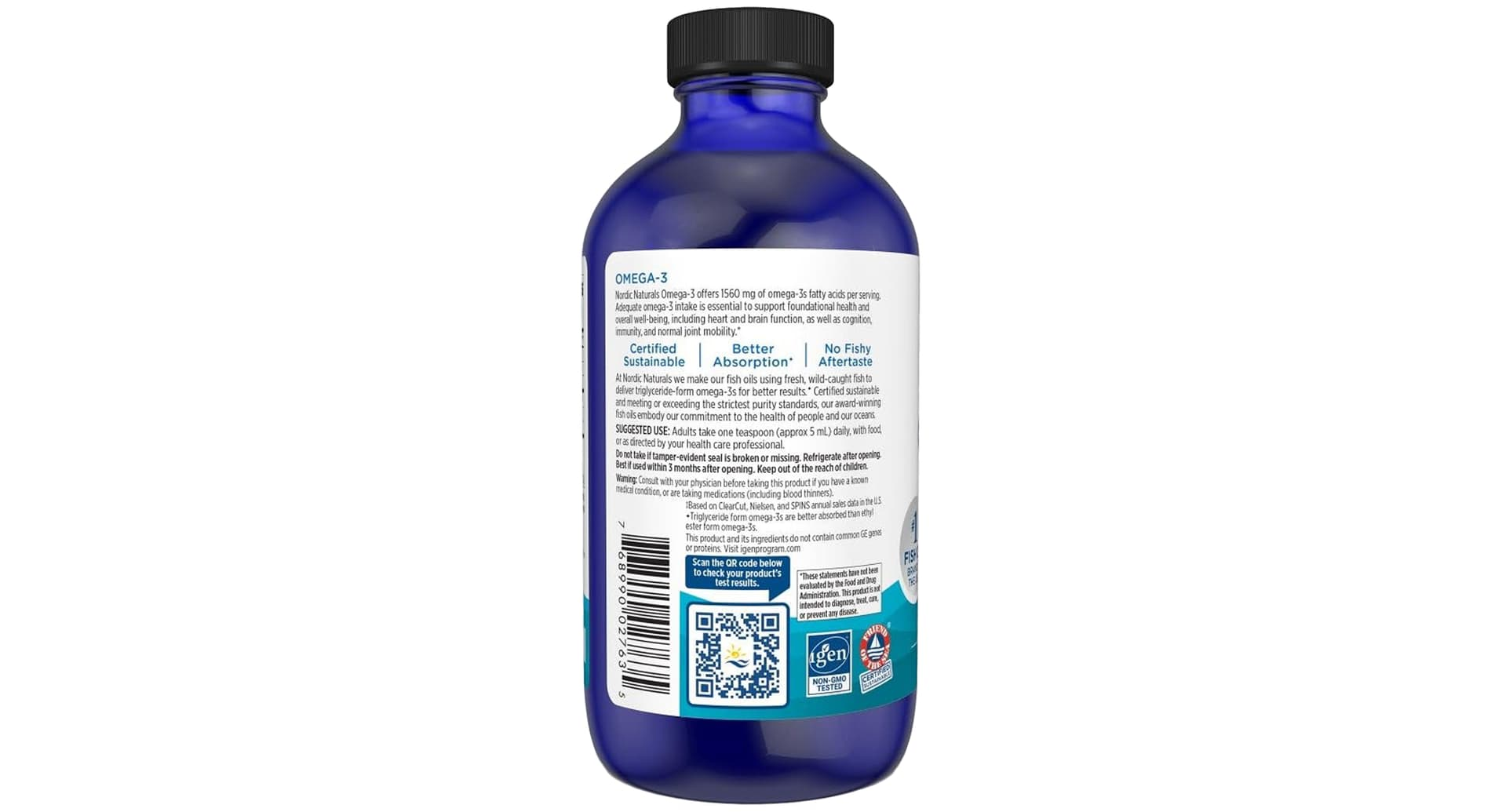Nordic Naturals Omega-3 label showing suggested use, triglyceride form and refrigerate after opening