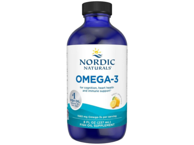 Nordic Naturals Omega-3 lemon liquid fish oil bottle with 1560 mg total omega-3s