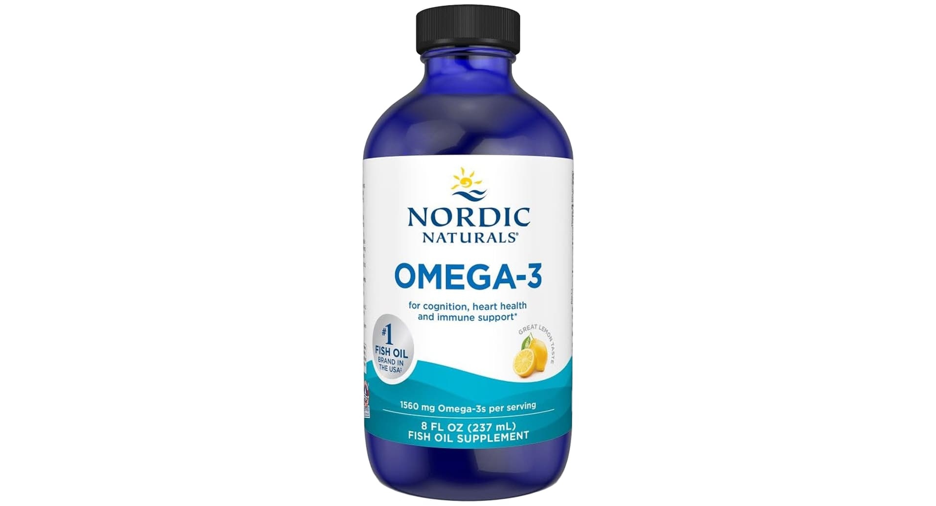 Nordic Naturals Omega-3 lemon liquid fish oil bottle with 1560 mg total omega-3s