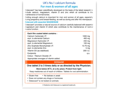 Osteocare composition panel showing elemental calcium 400 mg, magnesium 100 mg, zinc 5 mg and vitamin D3 200 IU