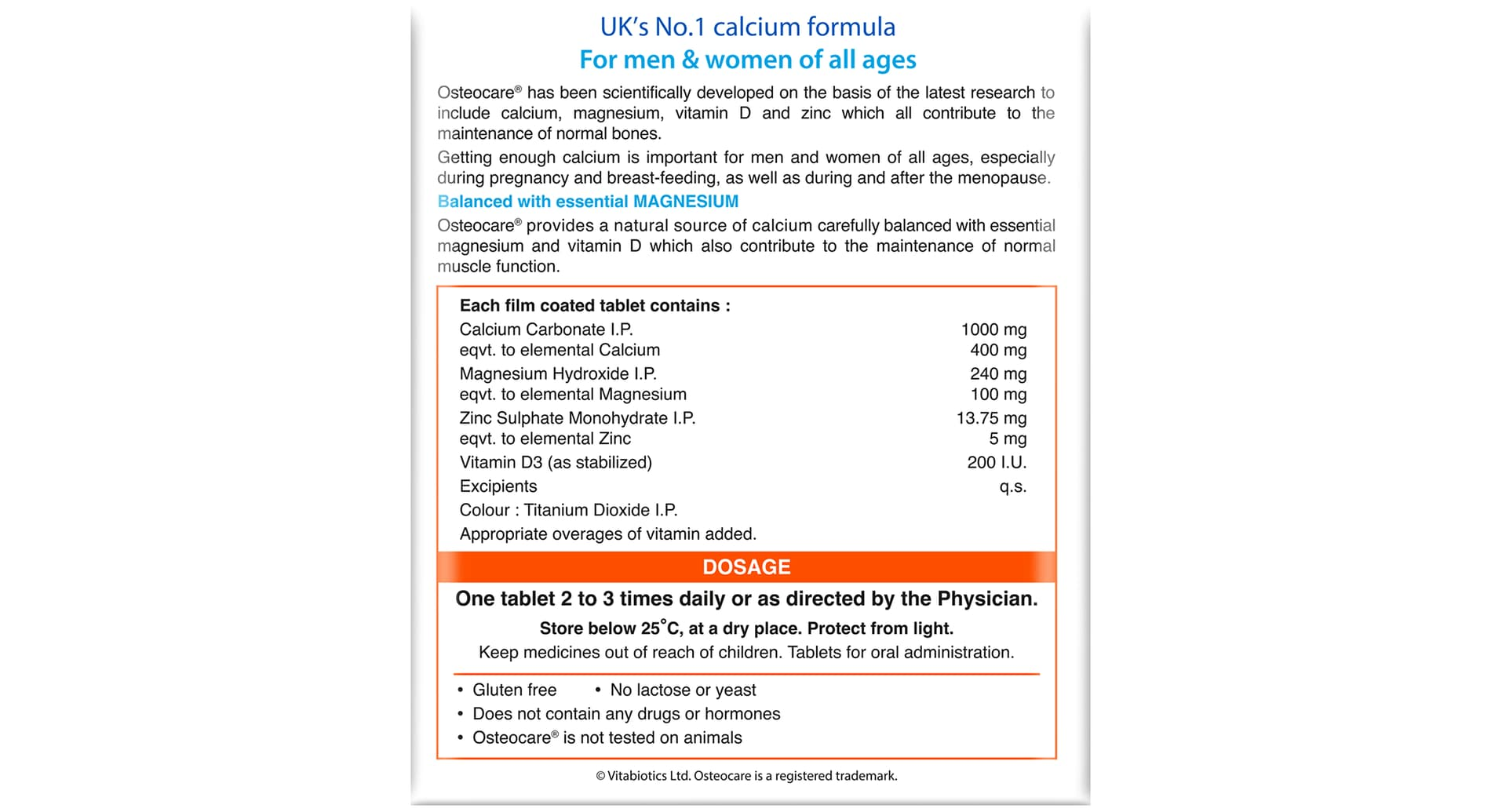 Osteocare composition panel showing elemental calcium 400 mg, magnesium 100 mg, zinc 5 mg and vitamin D3 200 IU