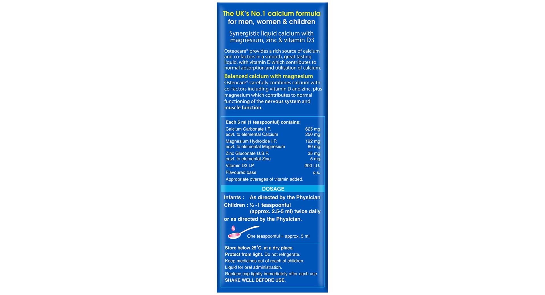 Osteocare Suspension composition panel showing elemental calcium 250 mg per 5 ml