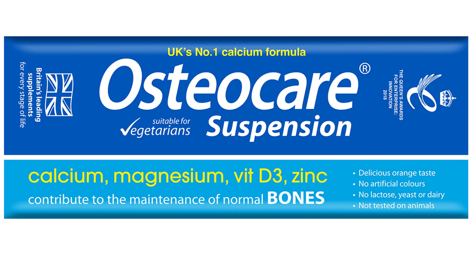 Osteocare Suspension label - suitable for vegetarians, orange taste, no artificial colours