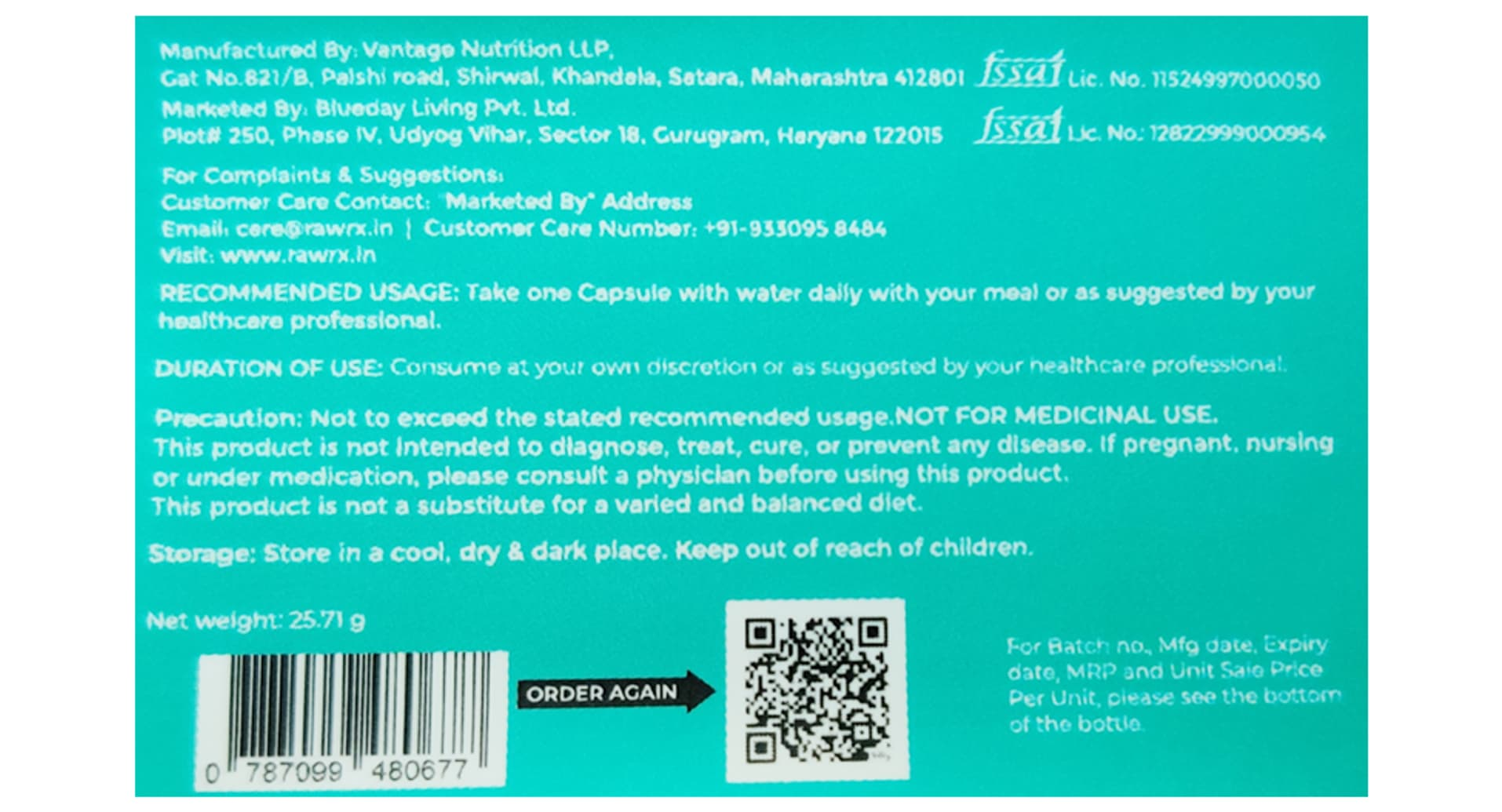RawRX Vegan Omega 3 back label with recommended usage, storage and manufacturer details