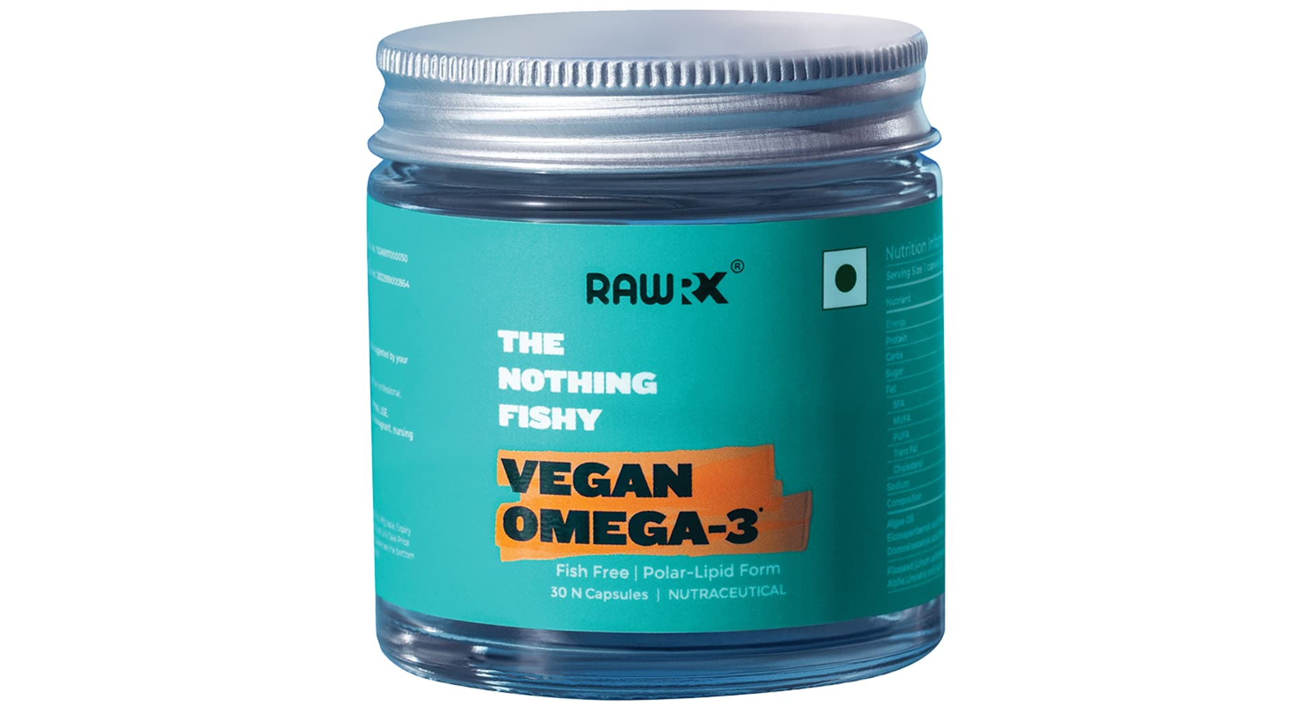 RawRX Vegan Omega 3 Fatty Acid Capsule jar of 30 with 280 mg EPA DHA ALA