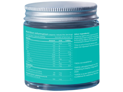 RawRX Vegan Omega 3 nutrition panel showing EPA 30 mg, DHA 150 mg from algae oil and ALA 100 mg from flaxseed oil
