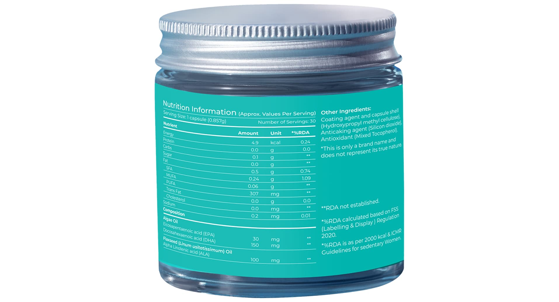 RawRX Vegan Omega 3 nutrition panel showing EPA 30 mg, DHA 150 mg from algae oil and ALA 100 mg from flaxseed oil
