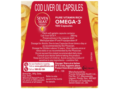 Seven Seas Original Cod Liver Oil label showing cod-liver oil BP 300 mg per capsule and dosage