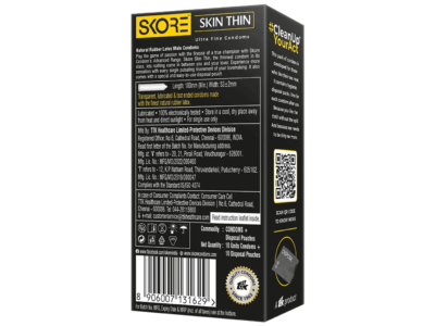 Skore Skin Thin condoms back panel showing length 180 mm, width 53 mm and IS ISO 4074 compliance
