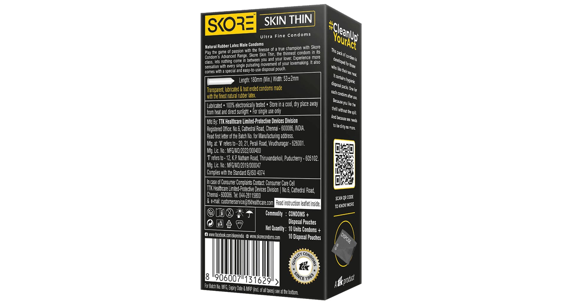 Skore Skin Thin condoms back panel showing length 180 mm, width 53 mm and IS ISO 4074 compliance