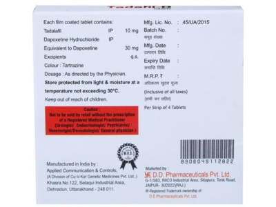 Tadafil D 10mg/30mg Tablet composition panel with Tadalafil 10mg and Dapoxetine 30mg