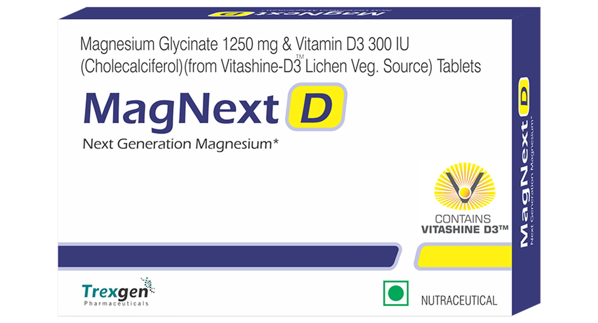 Trexgen MagNext D Magnesium Glycinate and Vitamin D3 box of 30 tablets