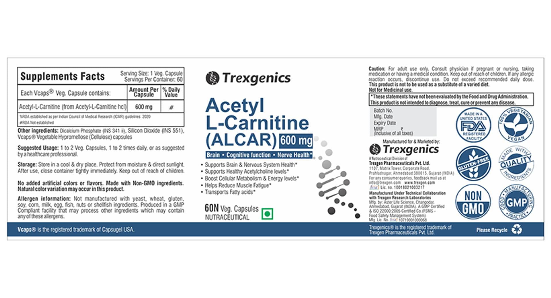 Trexgenics Acetyl L-Carnitine ALCAR 600mg label details