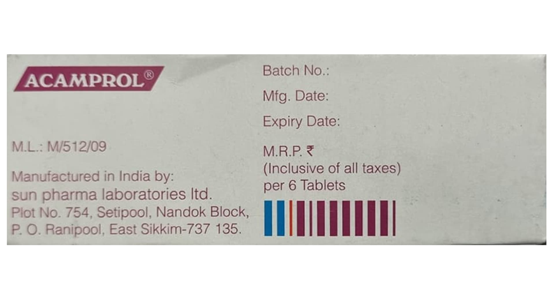 Acamprol Tablet pack side panel from Sun Pharma