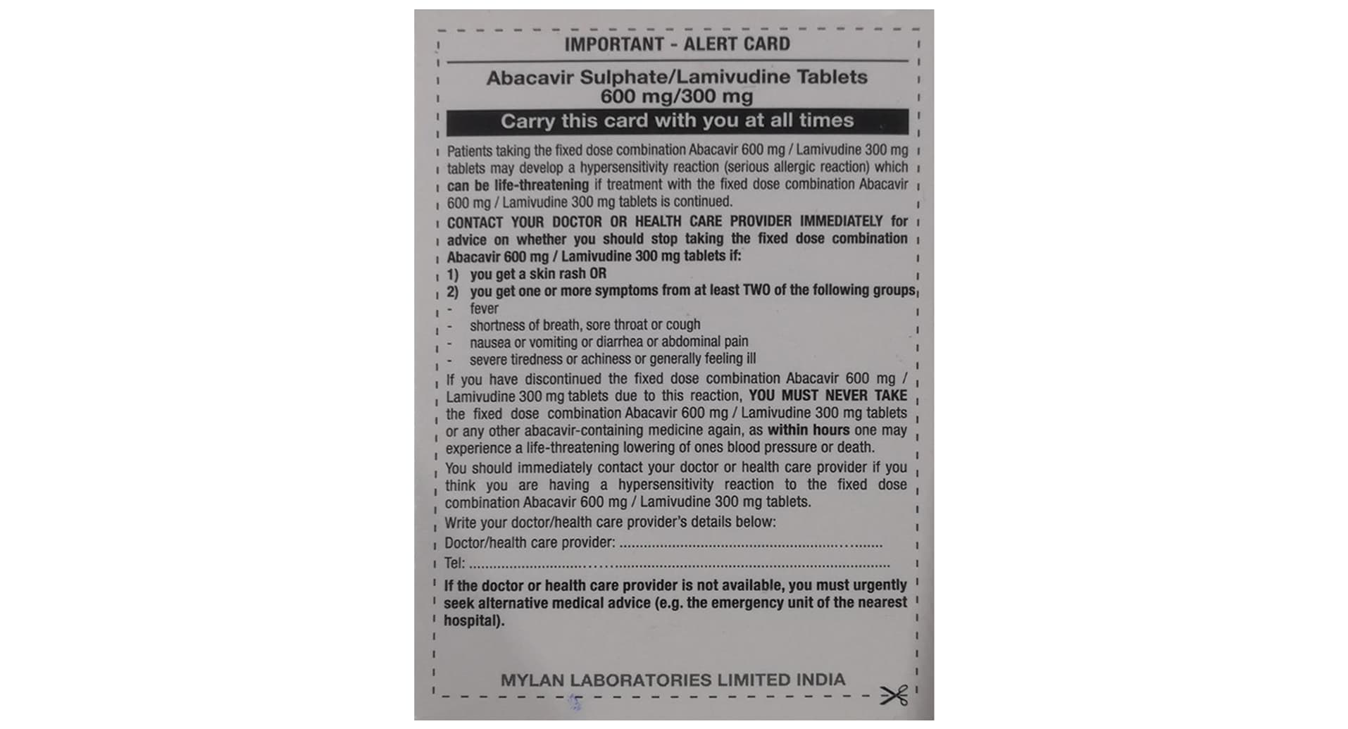 Albavir Tablet abacavir hypersensitivity patient alert card