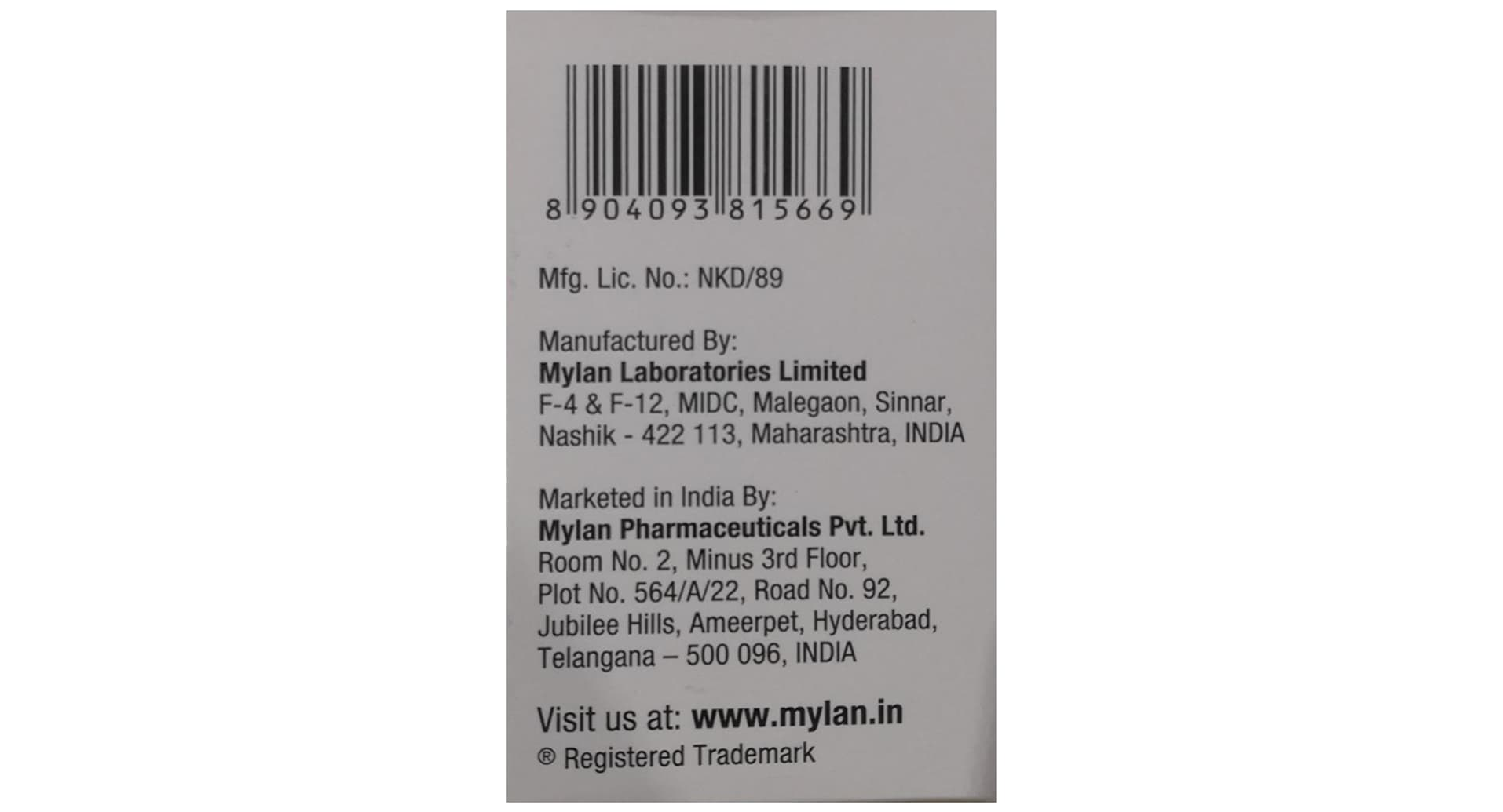 Albavir Tablet Mylan Laboratories manufacturer panel with barcode