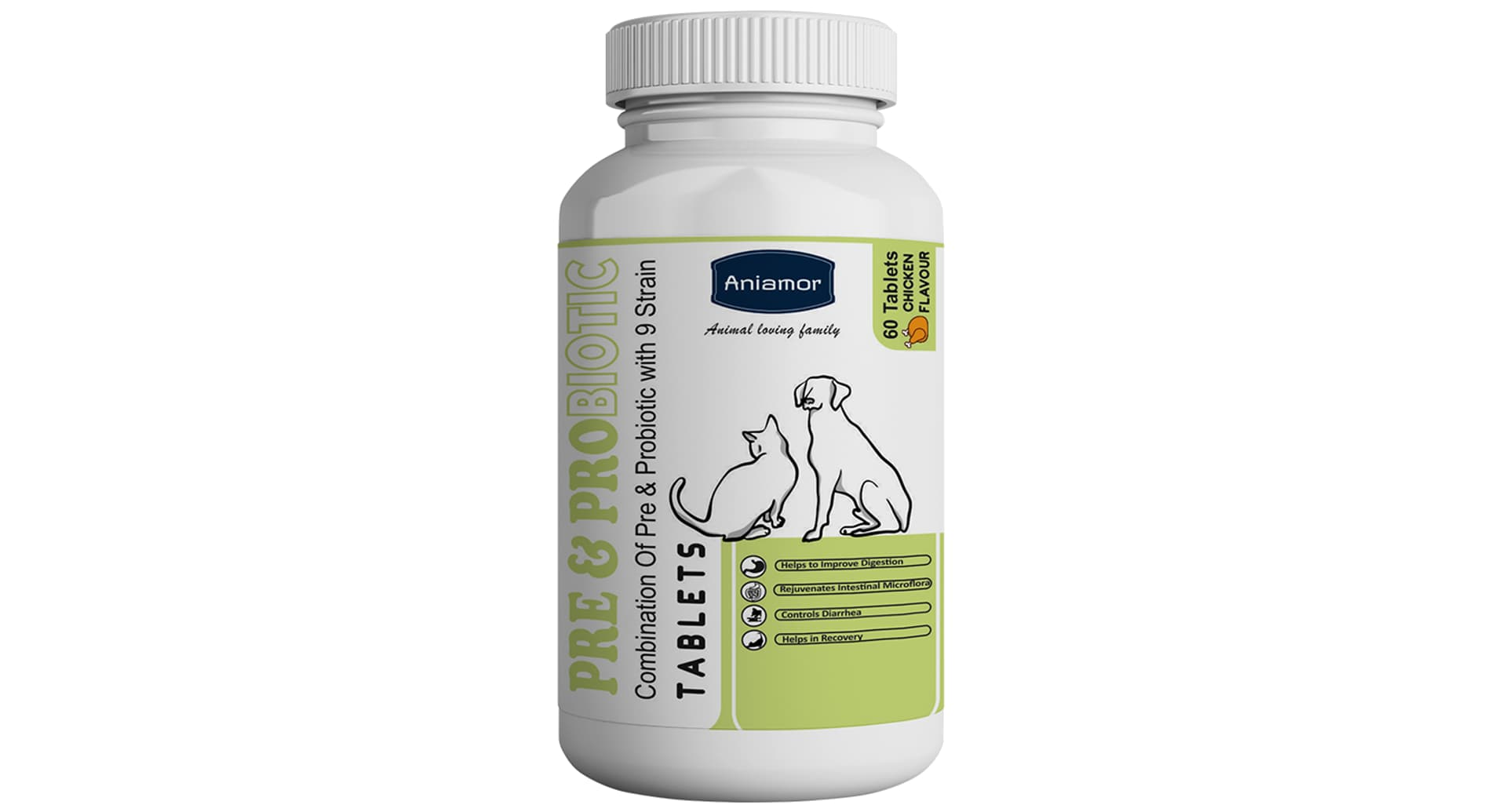 Aniamor Pre and Probiotic Tablet chicken flavour 60 tablets bottle for dogs and cats