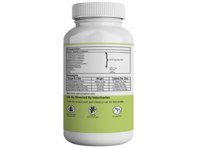 Aniamor Pre and Probiotic Tablet composition and weight-based dosage panel