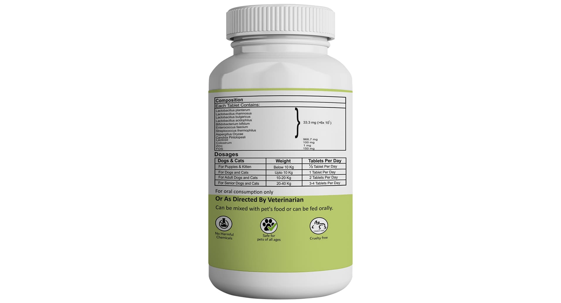 Aniamor Pre and Probiotic Tablet composition and weight-based dosage panel