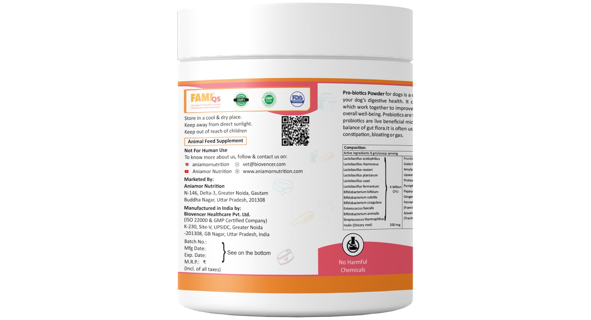 Aniamor Pro-Biotics Powder composition and manufacturer panel