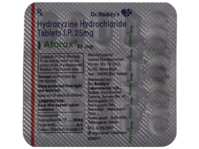 Atarax 25 mg hydroxyzine hydrochloride IP blister with full composition