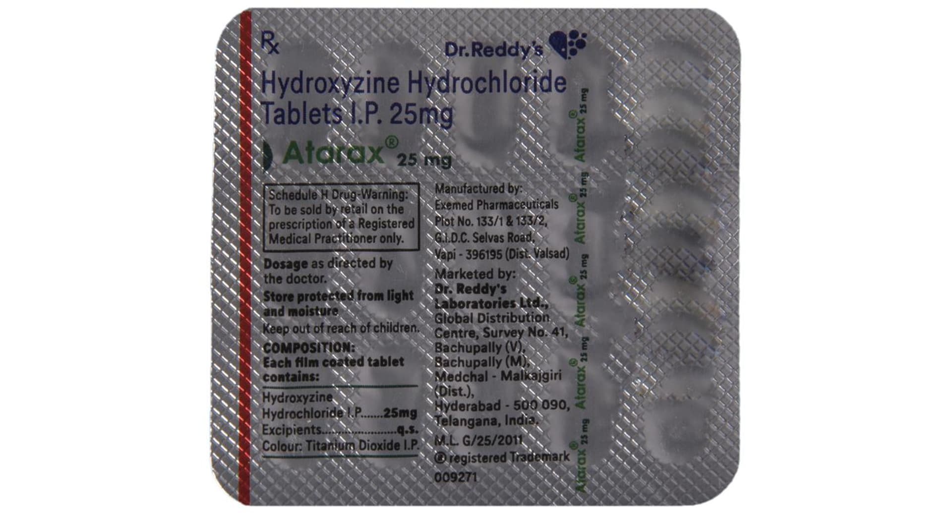 Atarax 25 mg hydroxyzine hydrochloride IP blister with full composition