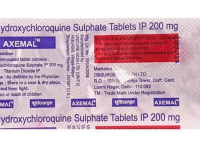 Axemal hydroxychloroquine sulphate 200 mg blister with Schedule H1 warning