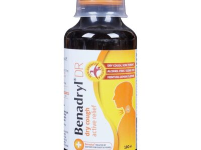 Benadryl DR Syrup bottle dry cough active relief, 100 ml