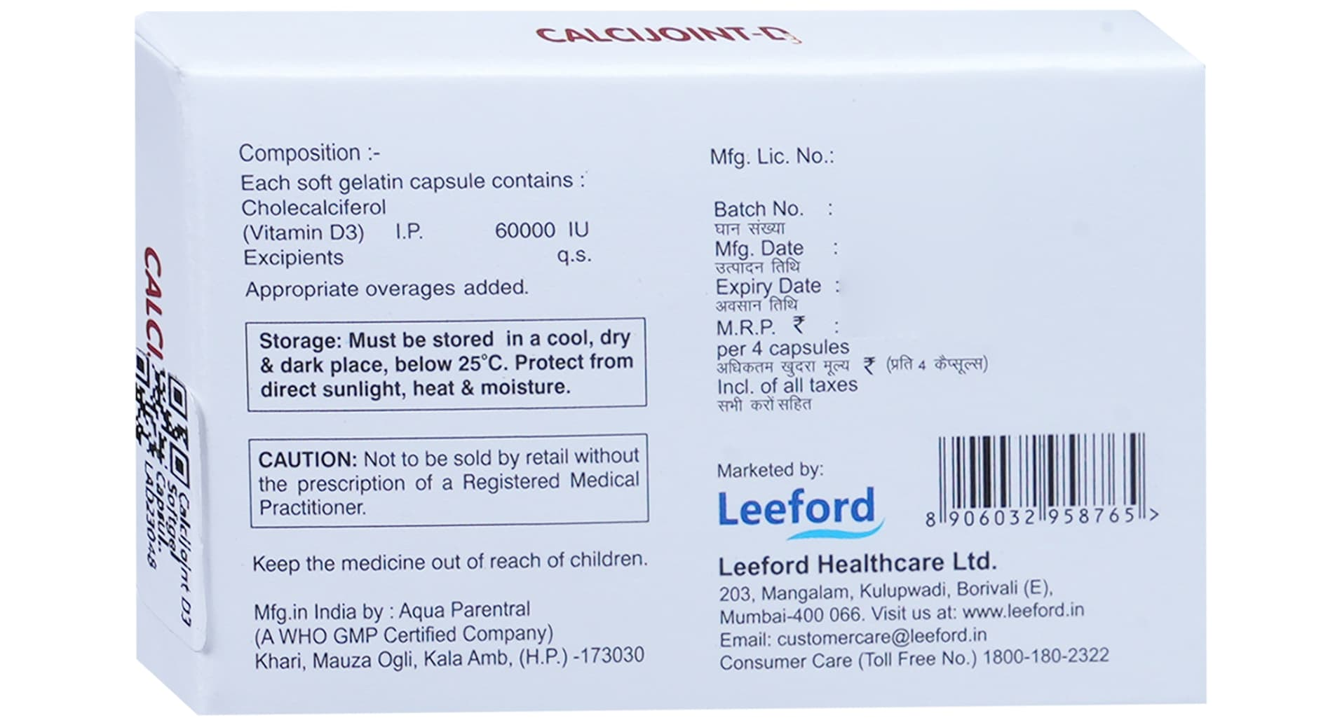 Calcijoint-D3 carton showing composition cholecalciferol IP 60000 IU, storage and prescription caution