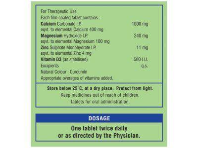 Calcimax Forte+ Tablet composition and dosage panel