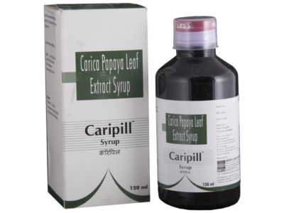 Caripill Carica Papaya Leaf Extract Syrup Micro Labs bottle and carton, 150 ml