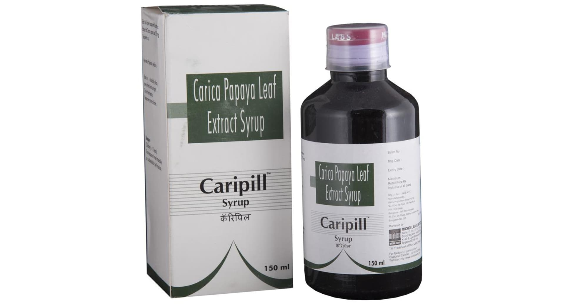 Caripill Carica Papaya Leaf Extract Syrup Micro Labs bottle and carton, 150 ml