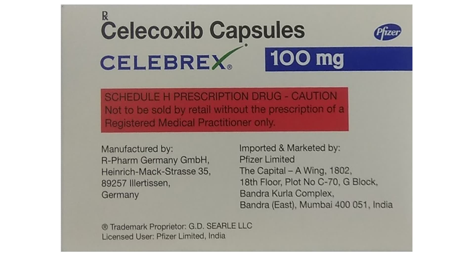 Celebrex 100 mg Capsule Pfizer celecoxib 100 mg carton