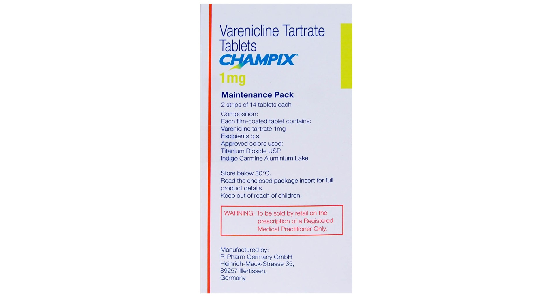 Champix 1 mg maintenance pack 28 tablets composition panel