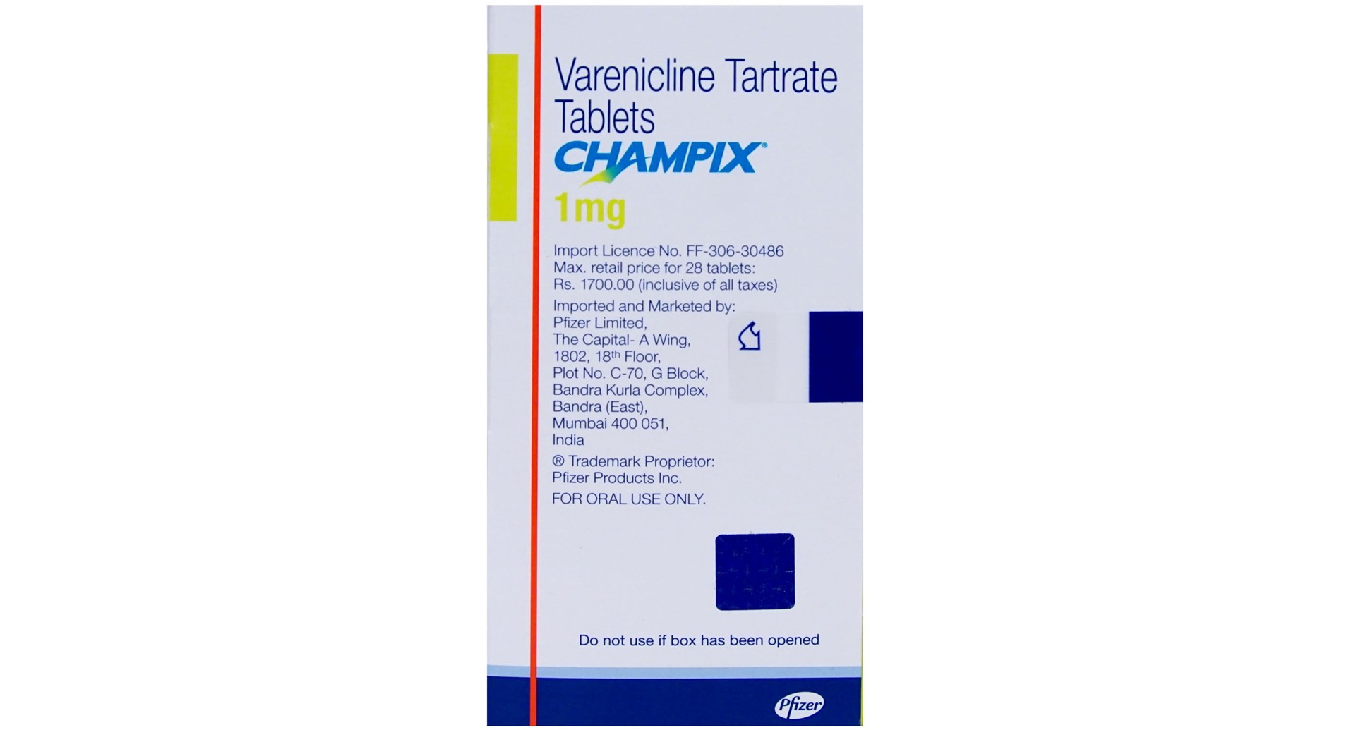 Champix 1 mg varenicline tartrate tablets Pfizer carton front